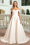 Ivory Satin Cold Shoulder A Line Sweep Train Wedding Dress