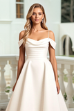 Ivory Satin Cold Shoulder A Line Sweep Train Wedding Dress