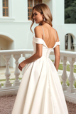 Ivory Satin Cold Shoulder A Line Sweep Train Wedding Dress