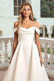 Ivory Satin Cold Shoulder A Line Sweep Train Wedding Dress