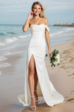 Simple Ivory Satin Sheath Maxi Wedding Dress with Slit