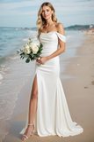 Simple Ivory Satin Sheath Maxi Wedding Dress with Slit