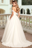 A Line Ivory Off the Shoulder Tulle Sweep Train Wedding Dress