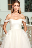 A Line Ivory Off the Shoulder Tulle Sweep Train Wedding Dress