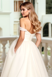 A Line Ivory Off the Shoulder Tulle Sweep Train Wedding Dress