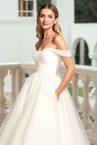 A Line Ivory Off the Shoulder Tulle Sweep Train Wedding Dress