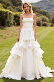 Ivory Chiffon Spaghetti Straps A Line Sweep Train Ruffled Wedding Dress
