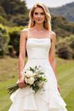 Ivory Chiffon Spaghetti Straps A Line Sweep Train Ruffled Wedding Dress