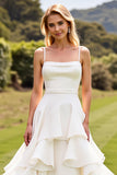 Ivory Chiffon Spaghetti Straps A Line Sweep Train Ruffled Wedding Dress