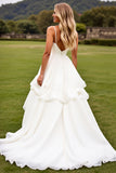 Ivory Chiffon Ruched Sweep Train A Line Wedding Dress with Ruffles