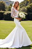 Ivory Satin V Neck Sweep Train Mermaid Wedding Dress with Slit