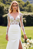 Ivory Satin V Neck Sweep Train Mermaid Wedding Dress with Slit
