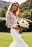 Ivory Satin V Neck Sweep Train Mermaid Wedding Dress with Slit