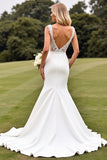 Ivory V Neck Satin Mermaid Sweep Train Wedding Dress with Applique