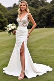 Ivory V Neck Satin Mermaid Sweep Train Wedding Dress with Applique