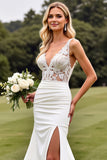 Ivory V Neck Satin Mermaid Sweep Train Wedding Dress with Applique