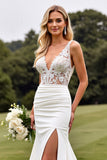 Ivory V Neck Satin Mermaid Sweep Train Wedding Dress with Applique