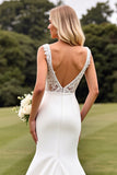 Ivory V Neck Satin Mermaid Sweep Train Wedding Dress with Applique