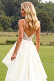 Ivory Satin Spaghetti Straps Maxi A Line Wedding Dress with Ruffles