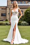 V Neck Ivory Satin Sweep Train Mermaid Wedding Dress with Slit