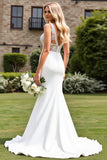 V Neck Ivory Satin Sweep Train Mermaid Wedding Dress with Slit