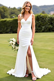 Ivory Satin V Neck Ruched Sweep Train Mermaid Wedding Dress with Slit