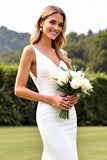 Ivory Satin V Neck Ruched Sweep Train Mermaid Wedding Dress with Slit