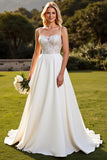 Spaghetti Straps Ivory Satin Sweep Train A Line Wedding Dress with Lace