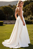 Spaghetti Straps Ivory Satin Sweep Train A Line Wedding Dress with Lace