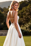 Spaghetti Straps Ivory Satin Sweep Train A Line Wedding Dress with Lace