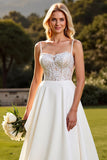 Spaghetti Straps Ivory Satin Sweep Train A Line Wedding Dress with Lace
