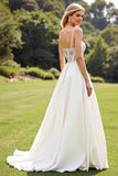 A Line Ivory Satin Sweep Train Spaghetti Straps Wedding Dress with Lace
