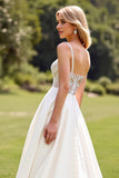 A Line Ivory Satin Sweep Train Spaghetti Straps Wedding Dress with Lace