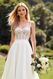 A Line Ivory Satin Sweep Train Spaghetti Straps Wedding Dress with Lace