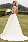 Ivory Sweep Train V Neck A Line Wedding Dress with Slit