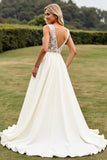 Ivory Sweep Train V Neck A Line Wedding Dress with Slit