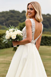 Ivory Sweep Train V Neck A Line Wedding Dress with Slit