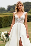 Ivory Sweep Train V Neck A Line Wedding Dress with Slit