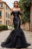 Black Mermaid Satin Sweep Train Off the Shoulder Wedding Dress with Ruffles