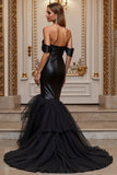 Black Mermaid Satin Sweep Train Off the Shoulder Wedding Dress with Ruffles