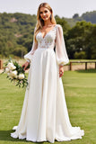 Ivory V Neck Chiffon Sweep Train Lantern Sleeves A Line Wedding Dress