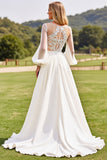 Ivory V Neck Chiffon Sweep Train Lantern Sleeves A Line Wedding Dress