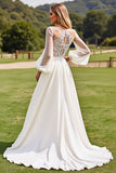 Ivory V Neck Chiffon Sweep Train Lantern Sleeves A Line Wedding Dress