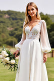 Ivory V Neck Chiffon Sweep Train Lantern Sleeves A Line Wedding Dress