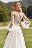 Ivory V Neck Chiffon Sweep Train Lantern Sleeves A Line Wedding Dress