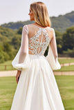 Ivory V Neck Chiffon Sweep Train Lantern Sleeves A Line Wedding Dress