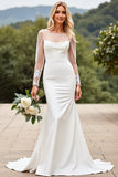 Ivory Satin Sweep Train Illusion Boat Neck Mermaid Wedding Dress