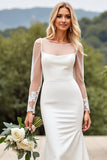 Ivory Satin Sweep Train Illusion Boat Neck Mermaid Wedding Dress
