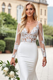 Mermaid Ivory Satin Sweep Train V Neck Wedding Dress with Applique