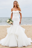 Mermaid Ivory Satin Sweep Train Wedding Dress with Ruffles